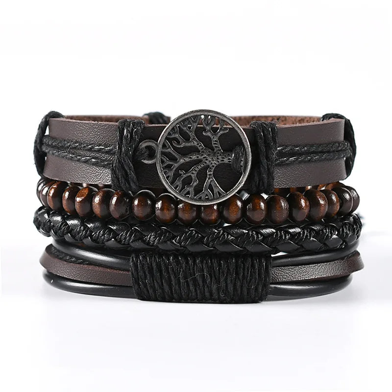 4Pcs/ Set Braided Leather Bracelets for Men Vintage Life Tree Rudder Charm Wood