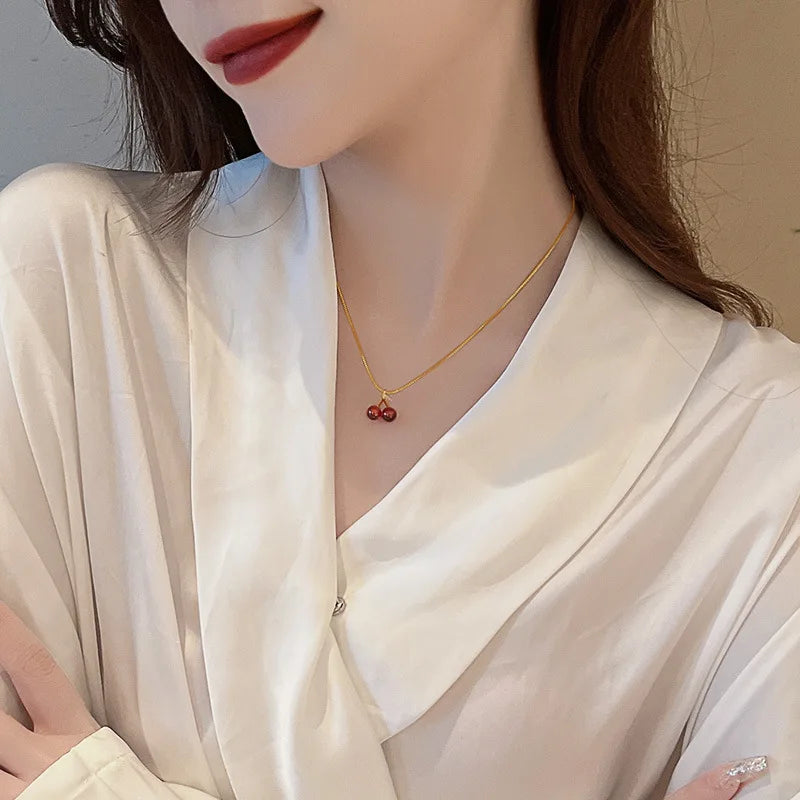 Wine Red Cherry Gold Necklace For Women Personality / Jewelry Birthday Gifts