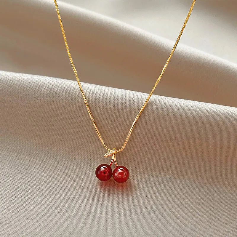 Wine Red Cherry Gold Necklace For Women Personality / Jewelry Birthday Gifts