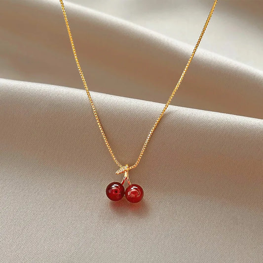 Wine Red Cherry Gold Necklace For Women Personality / Jewelry Birthday Gifts