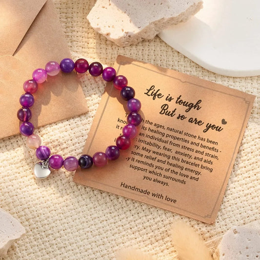 2pcs/set Amethyst Hexagonal Column Necklace and Purple Stripe Bracelet with Card Gift Stress Relief & Anxiety