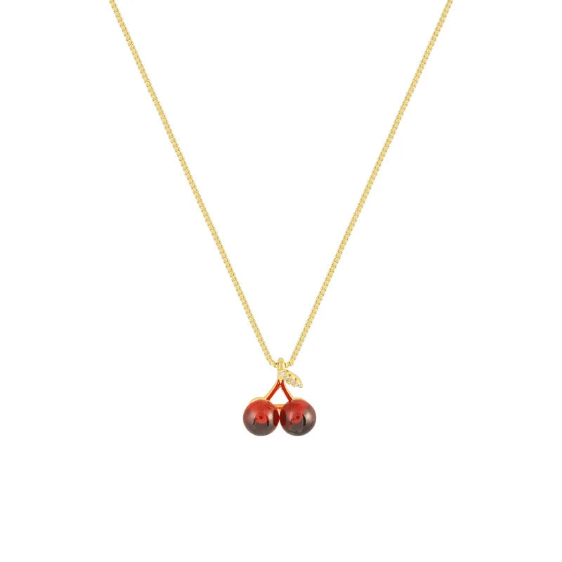 Wine Red Cherry Gold Necklace For Women Personality / Jewelry Birthday Gifts