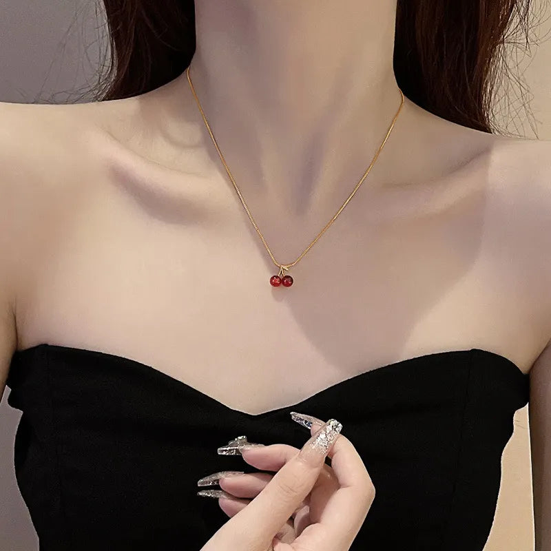 Wine Red Cherry Gold Necklace For Women Personality / Jewelry Birthday Gifts