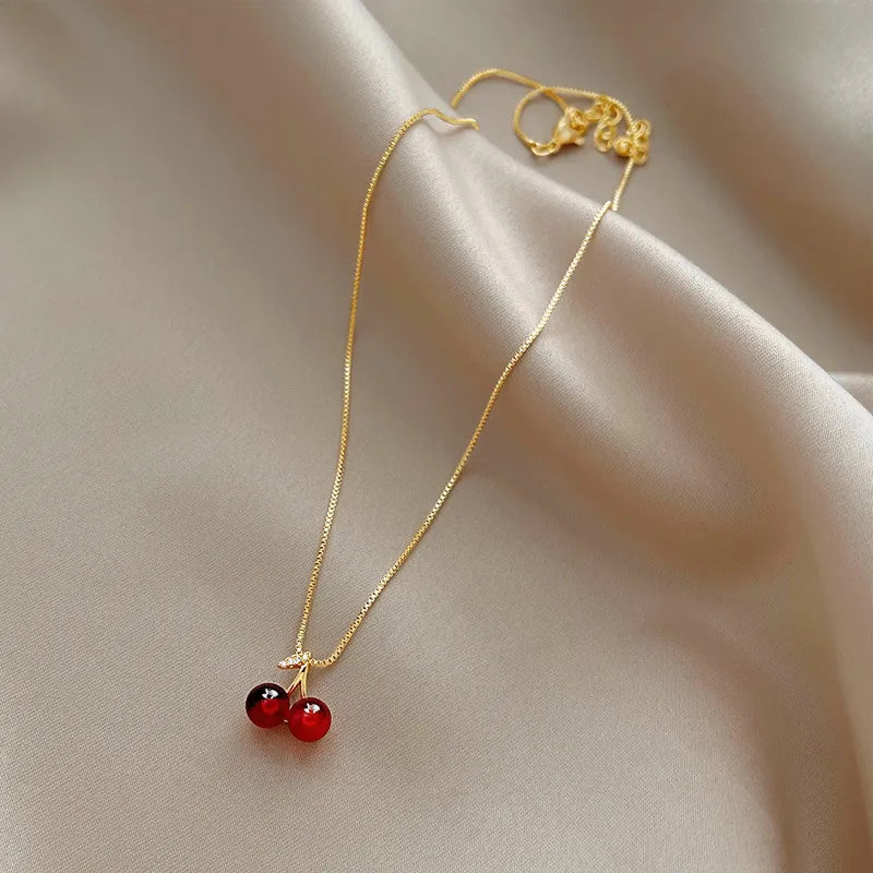 Wine Red Cherry Gold Necklace For Women Personality / Jewelry Birthday Gifts