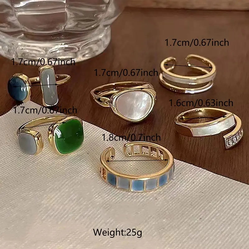 6 Piece Set Irregular Open Rings Moonstone Heart Finger Rings