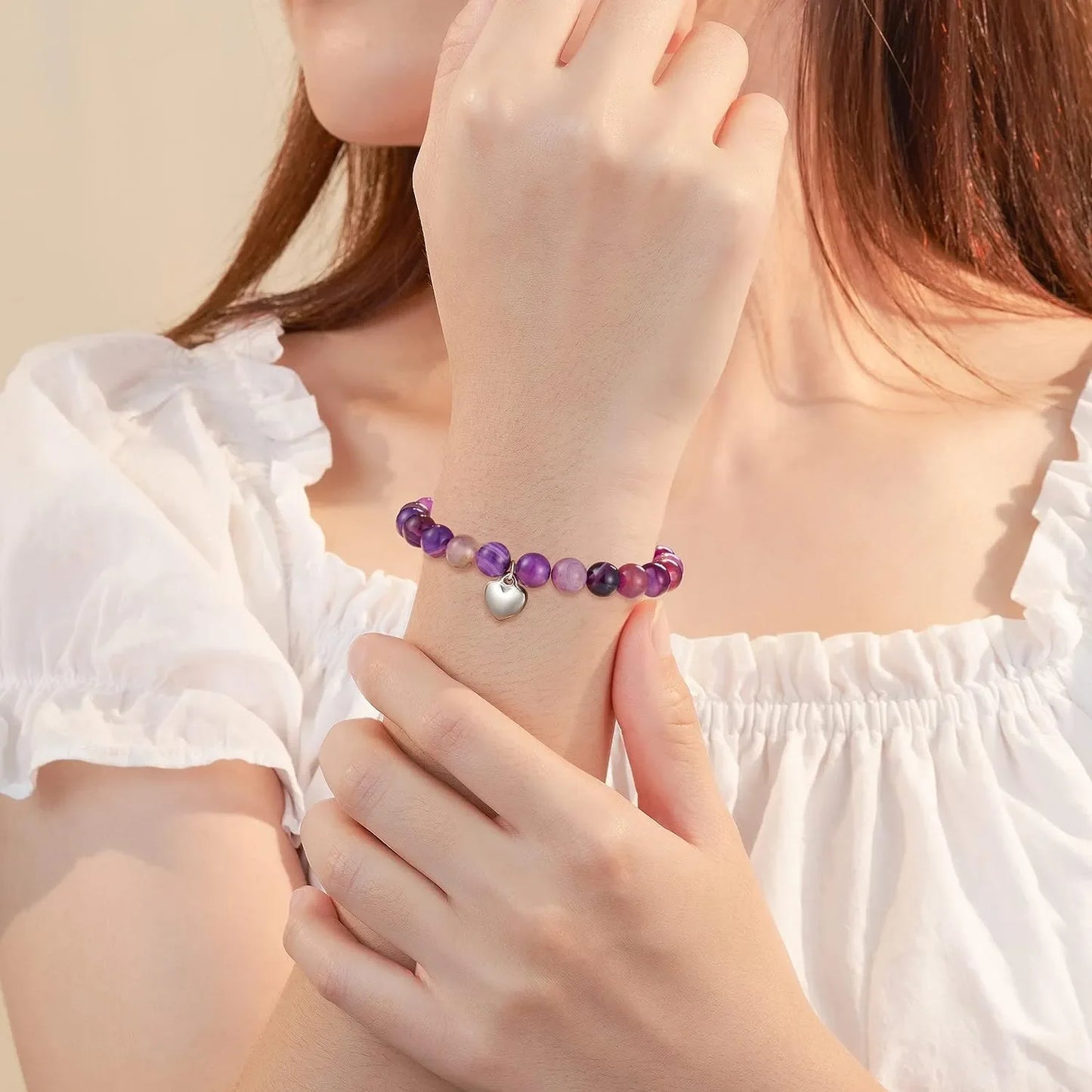 2pcs/set Amethyst Hexagonal Column Necklace and Purple Stripe Bracelet with Card Gift Stress Relief & Anxiety