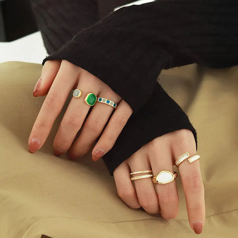 6 Piece Set Irregular Open Rings Moonstone Heart Finger Rings