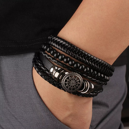 4Pcs/ Set Braided Leather Bracelets for Men Vintage Life Tree Rudder Charm Wood