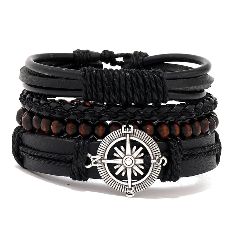 4Pcs/ Set Braided Leather Bracelets for Men Vintage Life Tree Rudder Charm Wood