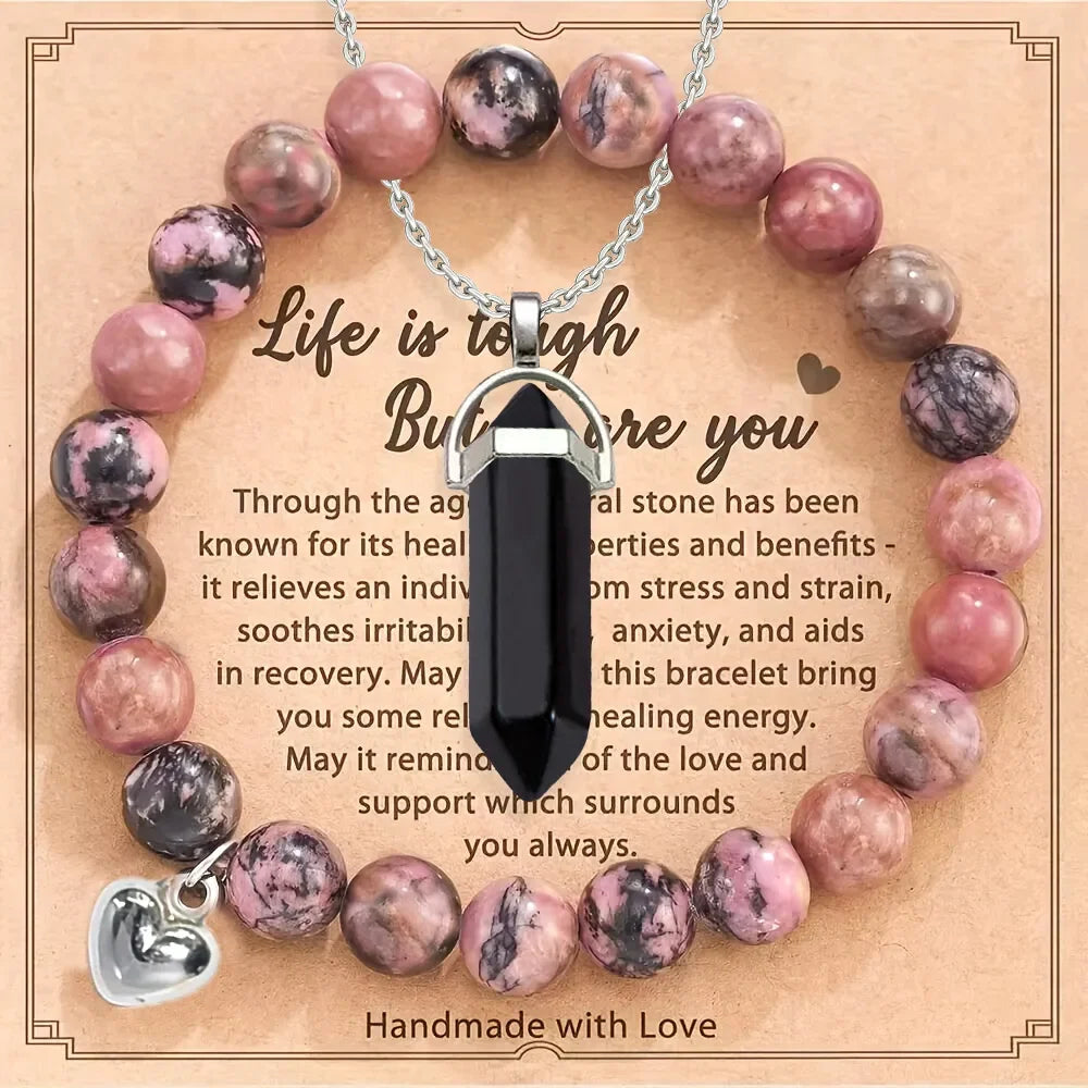 2pcs/set Amethyst Hexagonal Column Necklace and Purple Stripe Bracelet with Card Gift Stress Relief & Anxiety