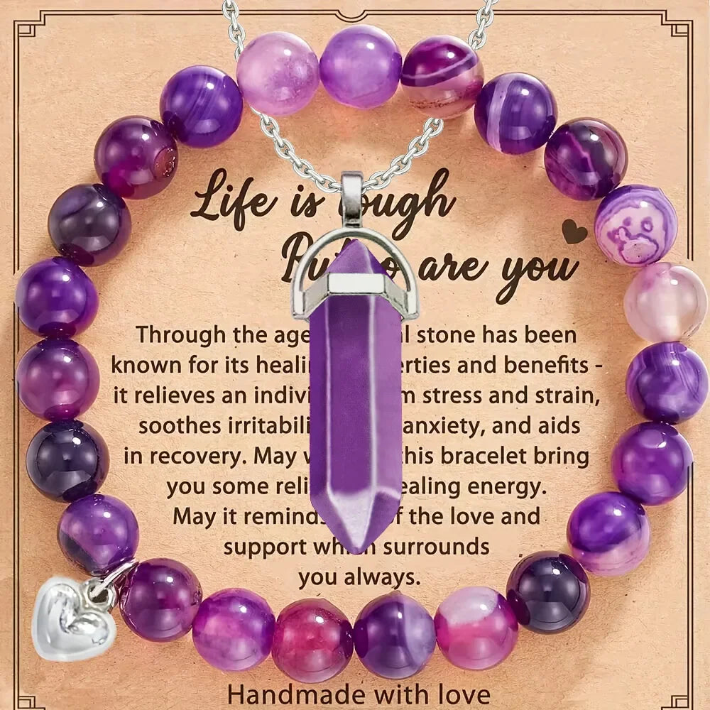 2pcs/set Amethyst Hexagonal Column Necklace and Purple Stripe Bracelet with Card Gift Stress Relief & Anxiety